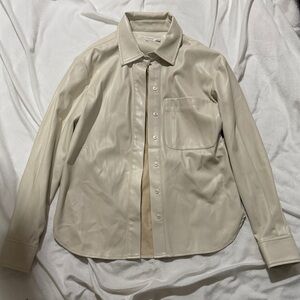 Good American Cream Faux Leather Button-Up Shirt